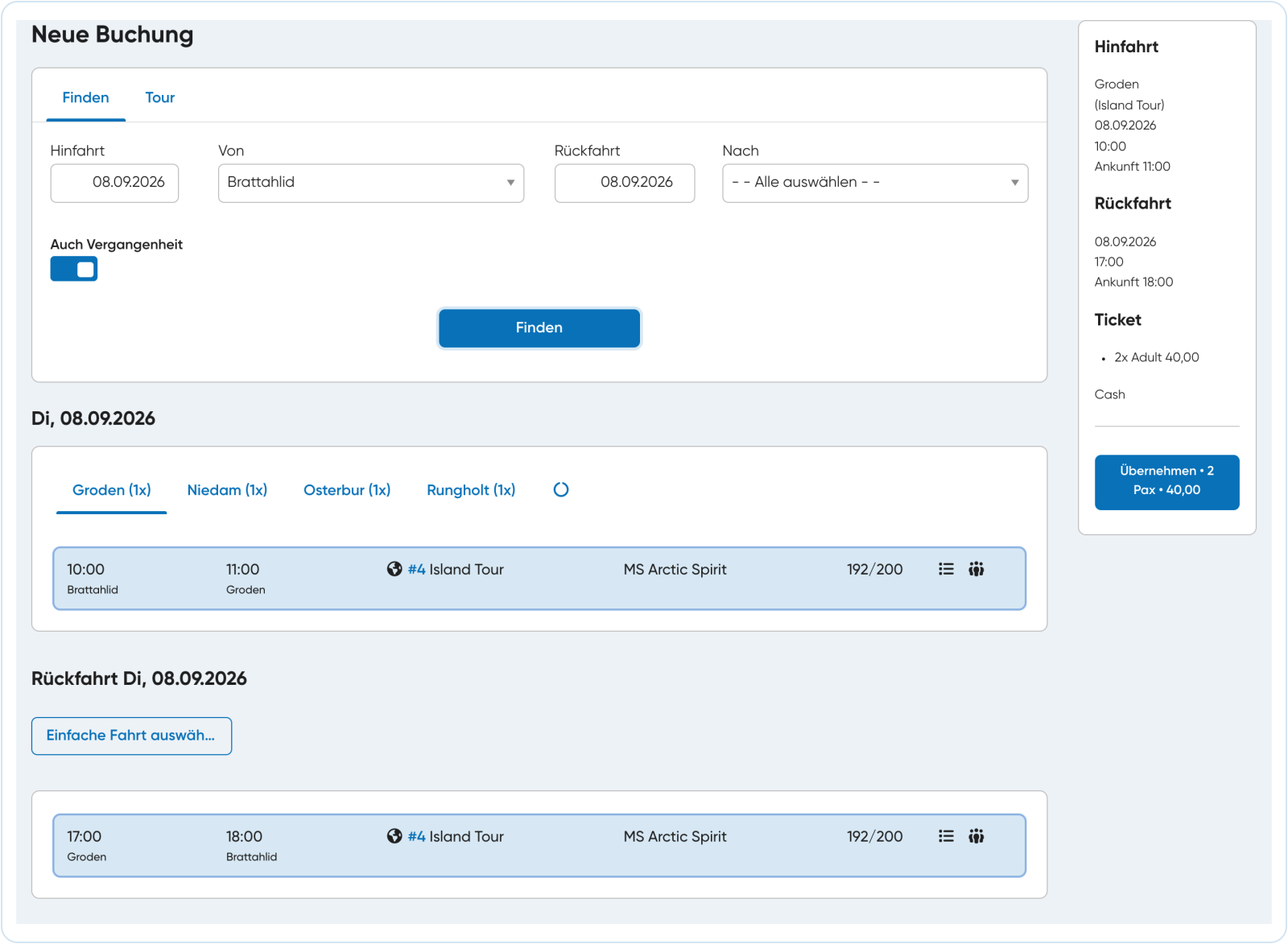 Originale Travelmanager-Ansicht für Abfahrt und Verfügbarkeit mit englischer Produktoberfläche.
