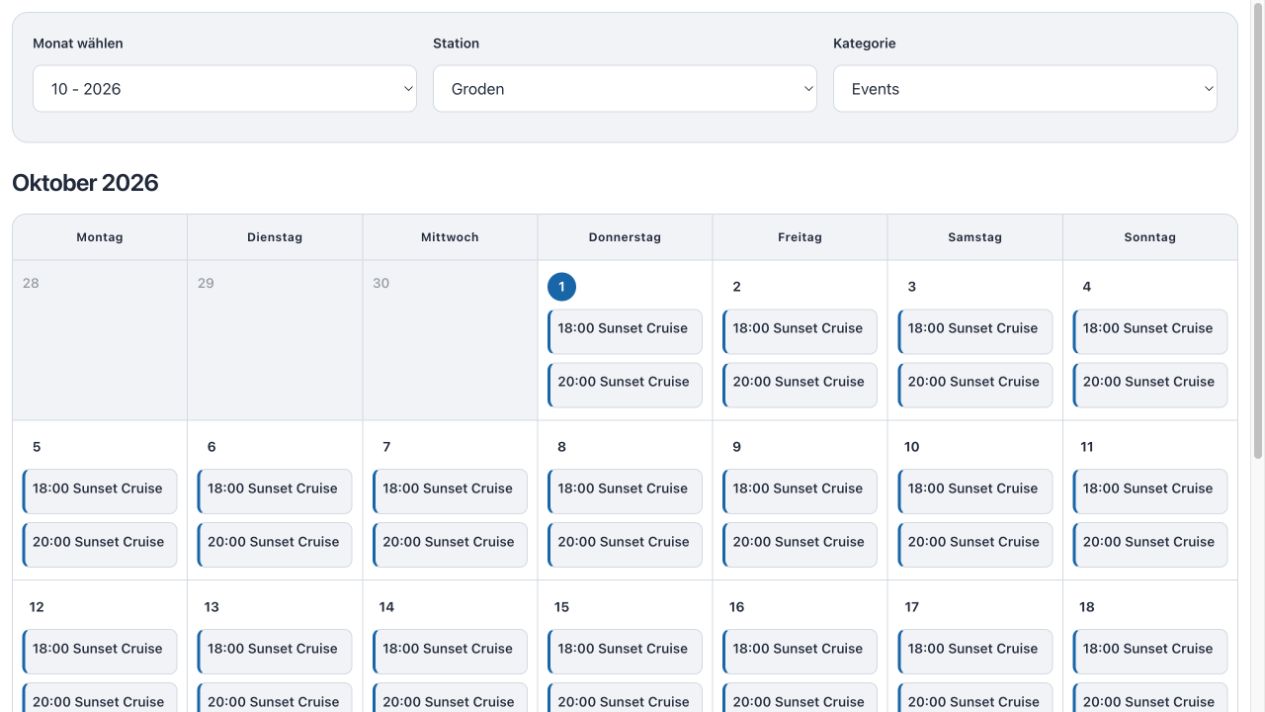 Travelmanager-Eventkalender mit deutscher Monats-, Stations- und Kategorieauswahl
