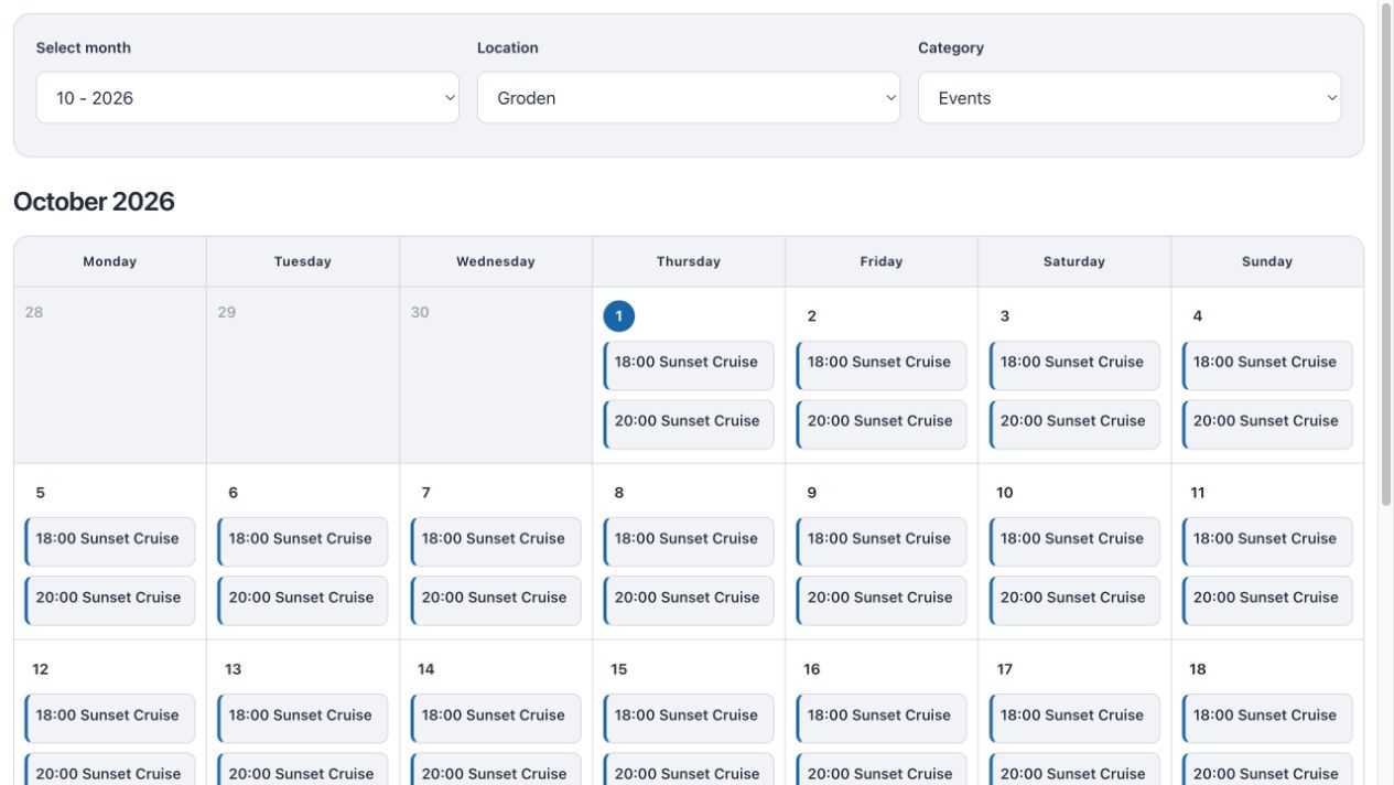 Travelmanager event calendar with month, location and category filters in English