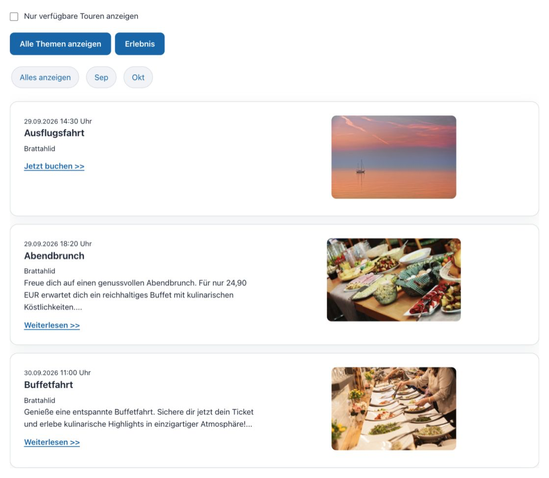 Travelmanager-Fahrplan in WordPress mit Abfahrtskarten, Bildern und Buchungslinks