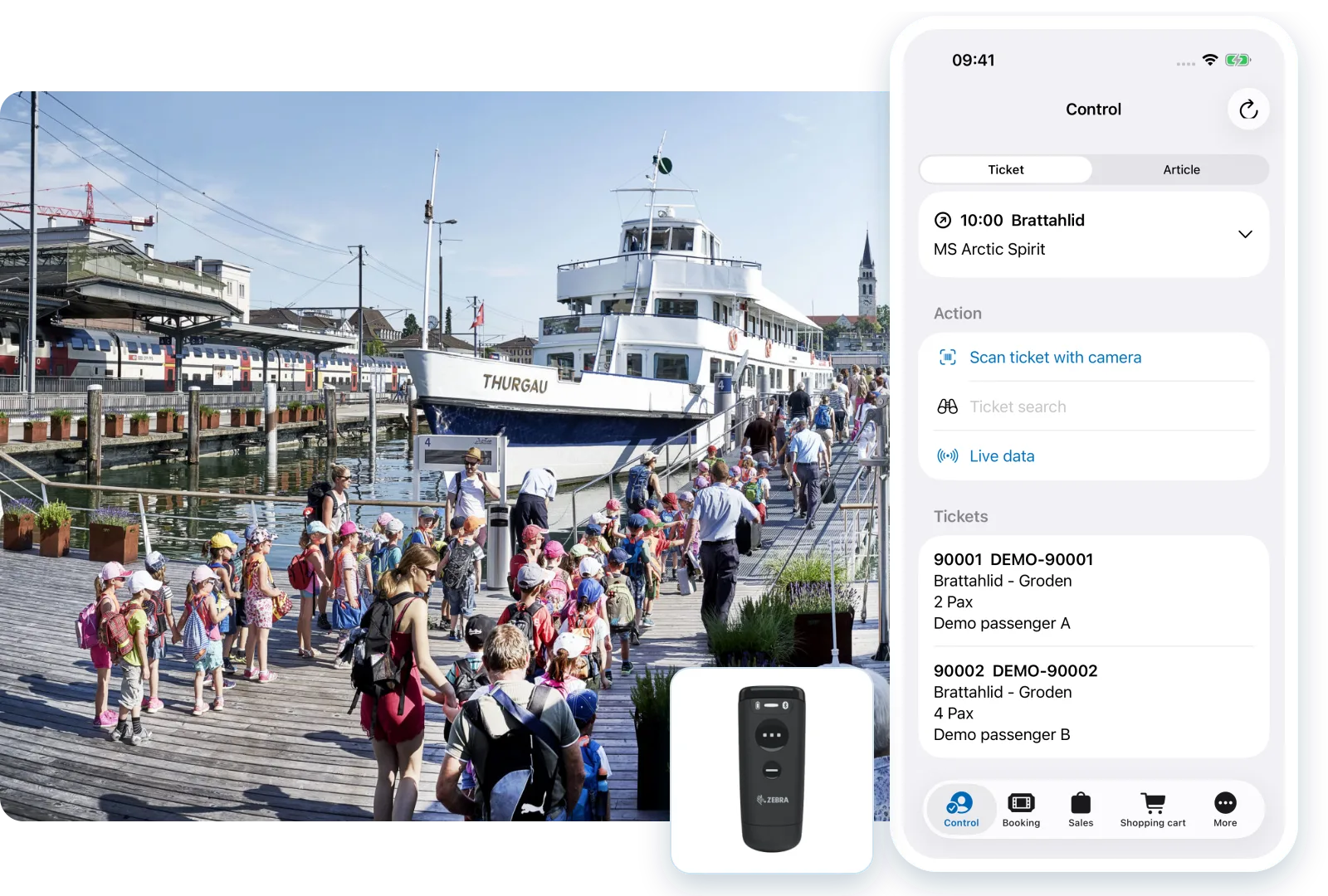 Boarding in Romanshorn, original Travelmanager Ticket App with English demonstration data and a Zebra scanner