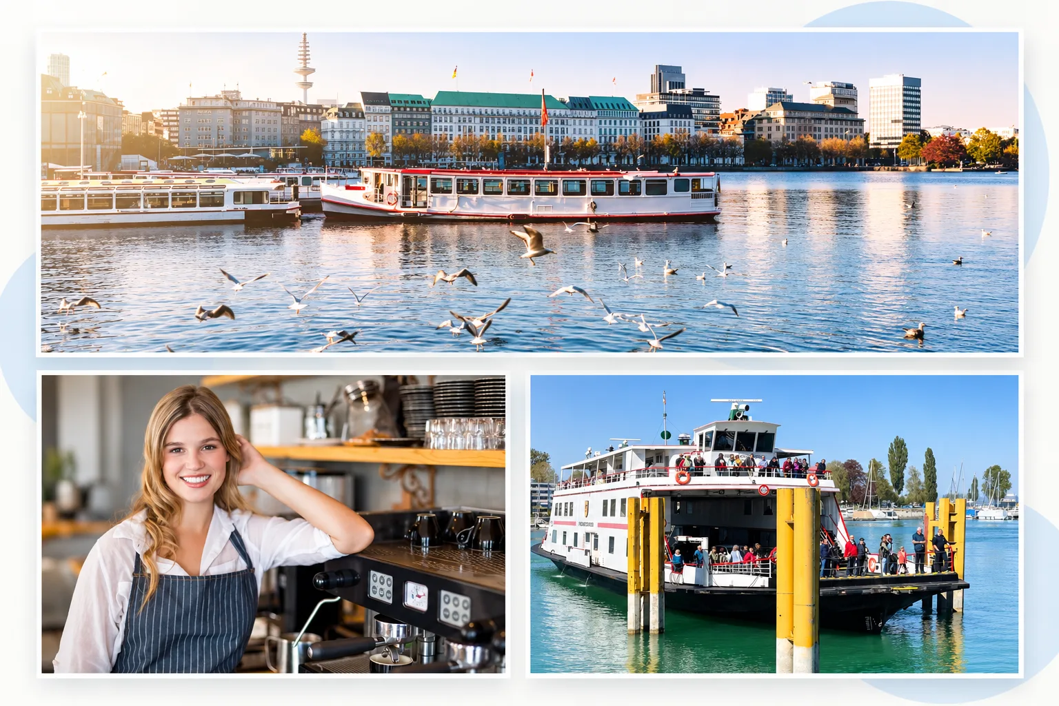 Photo collage of passenger shipping, hospitality service and boarding.