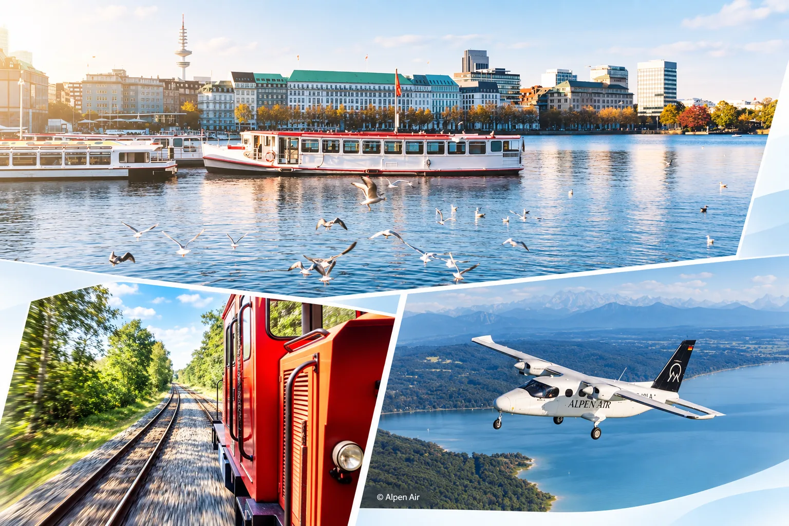 Photo collage of passenger shipping, a heritage railway and regional aviation.