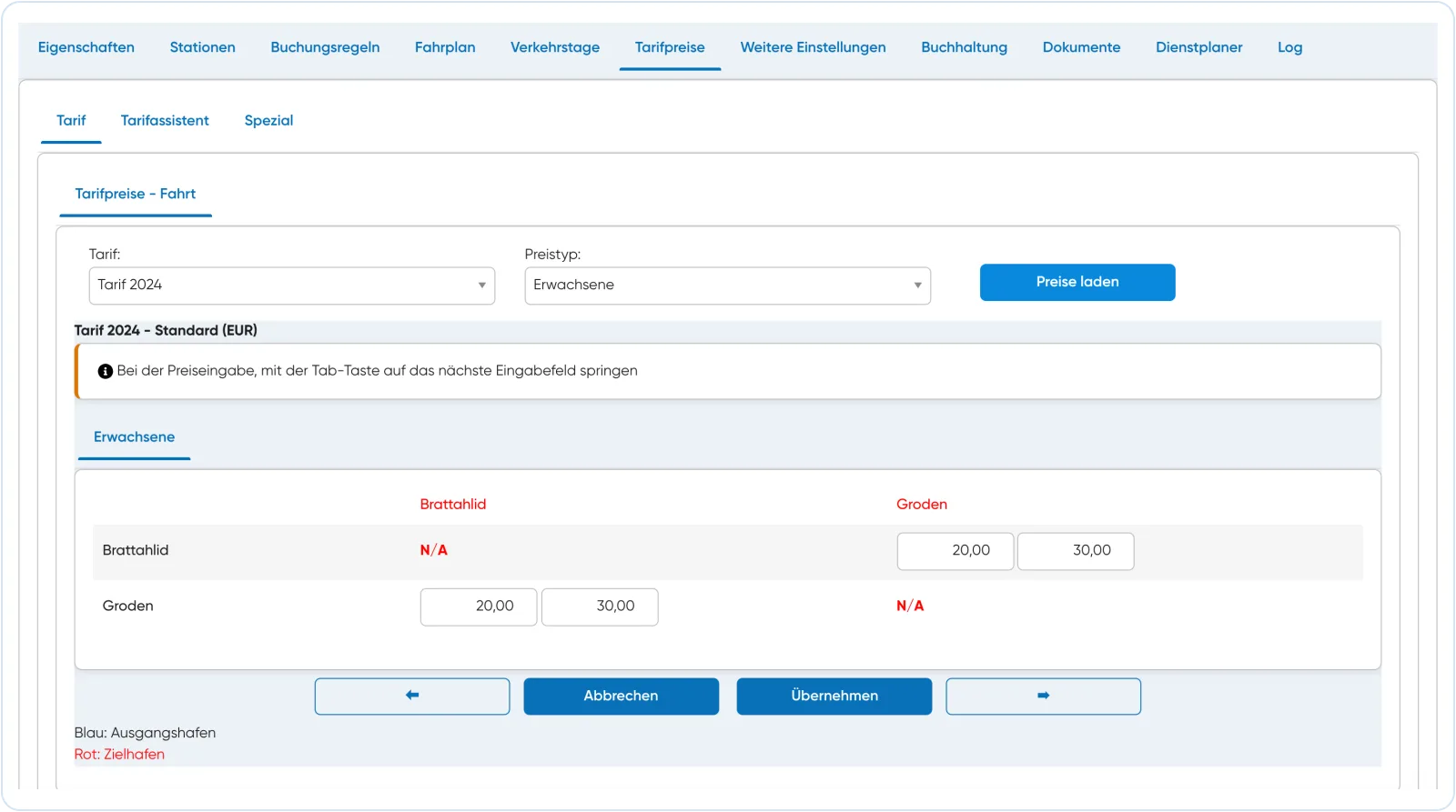 Travelmanager-Linienverwaltung: Tarifauswahl und geladene Tarifmatrix