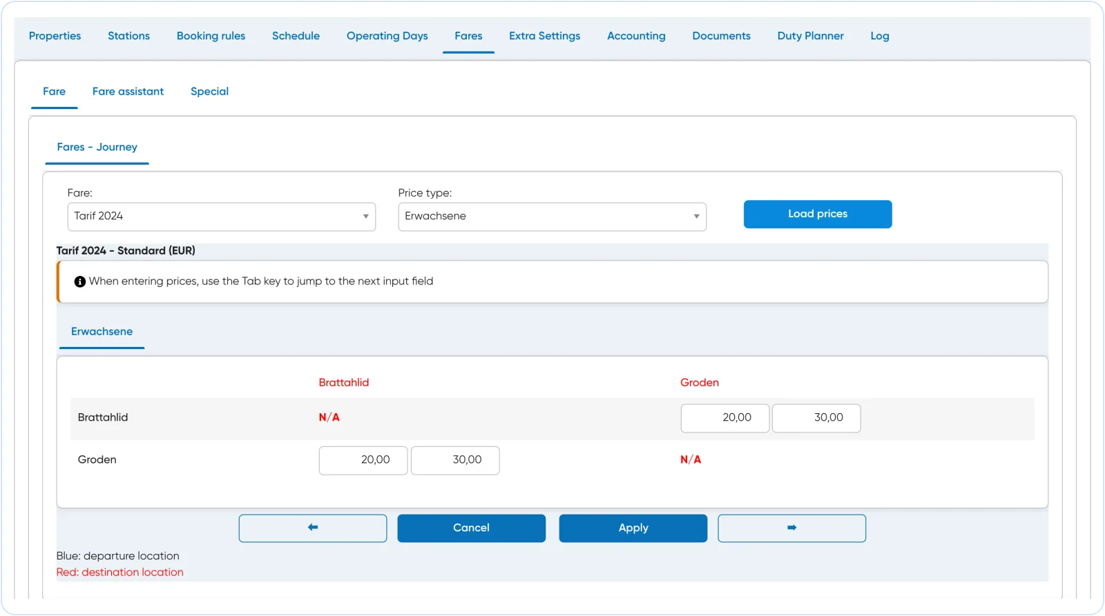 Travelmanager route management: fare selection and loaded tariff matrix