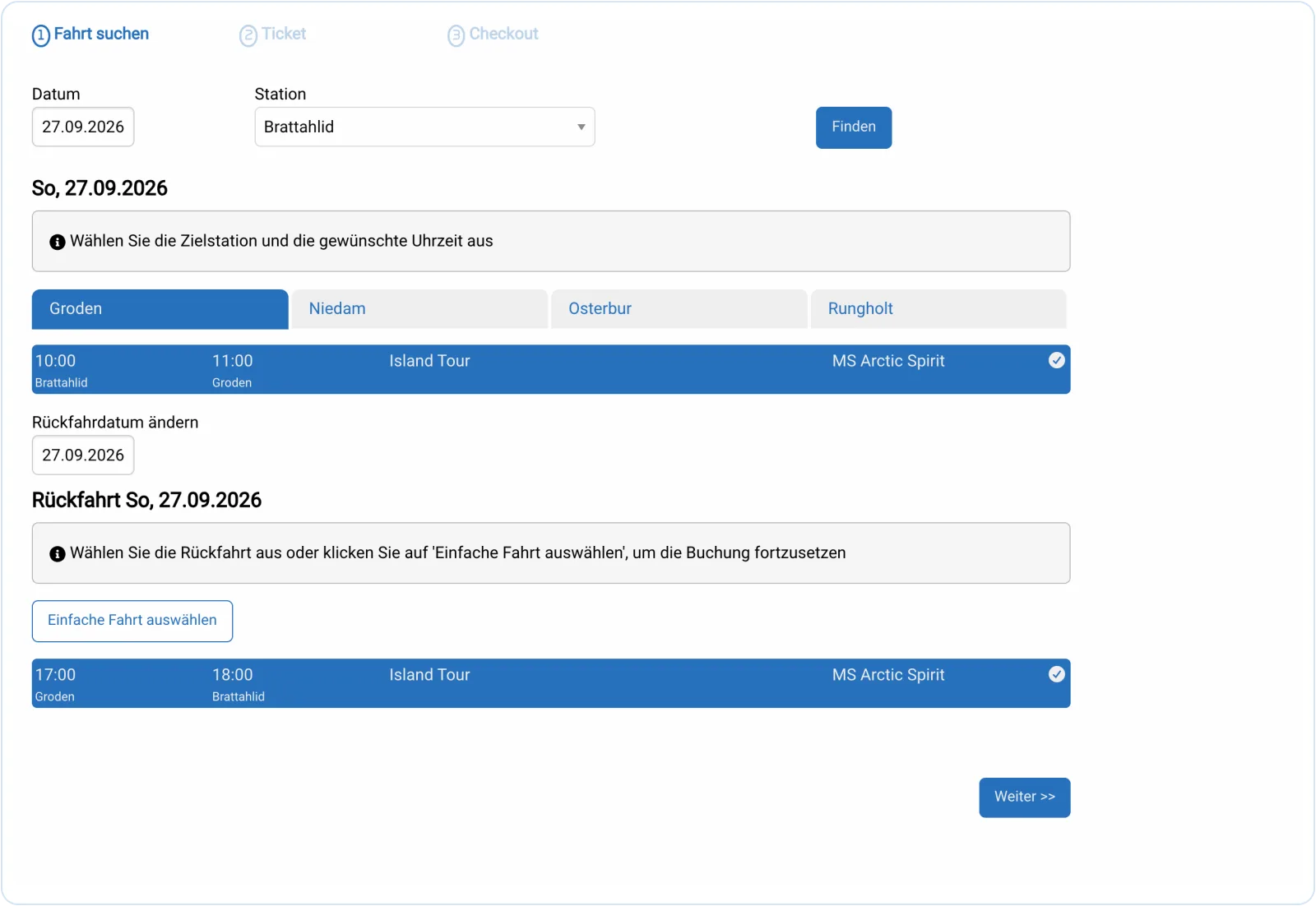 Travelmanager-Onlineshop: Fahrtauswahl