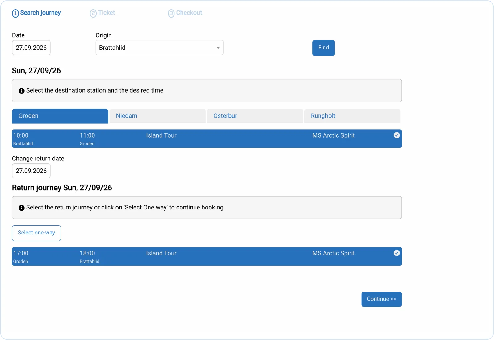 Travelmanager online shop: journey selection