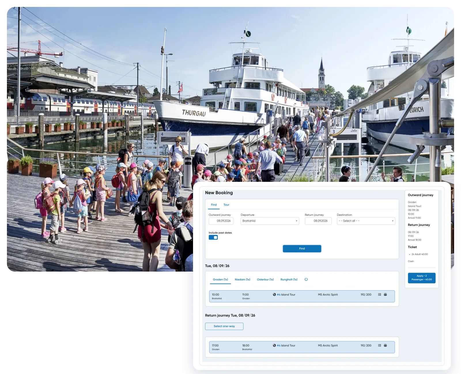 A group boarding at Romanshorn, alongside the real Travelmanager departure booking view.