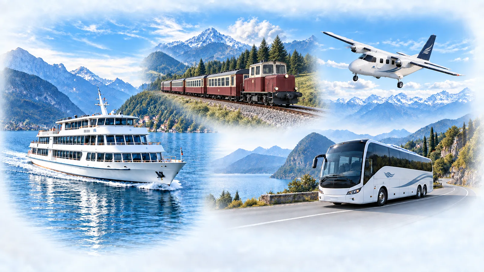 Illustrative collage of a passenger boat, fictional muted-red diesel narrow-gauge passenger train, fictional coach and regional aircraft with discreet livery.