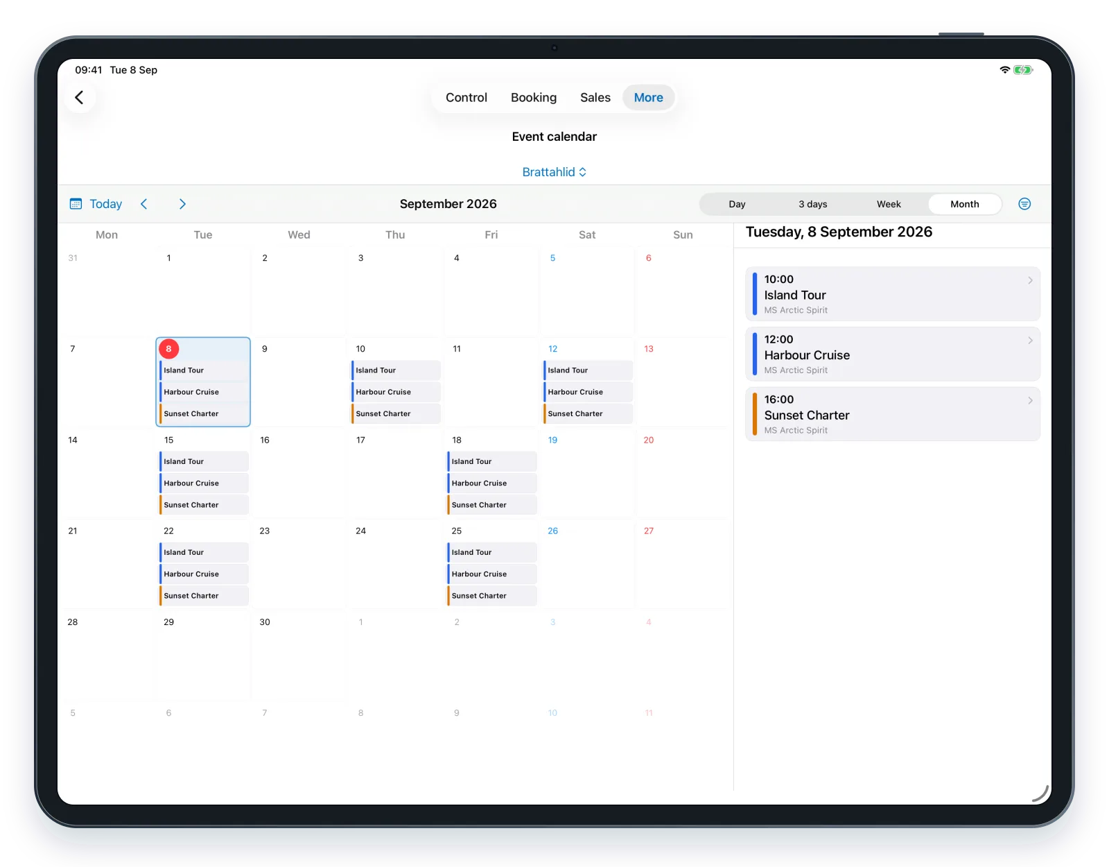 Travelmanager Ticket App auf dem iPad: Eventkalender mit Monatsübersicht und Abfahrten des ausgewählten Tages.