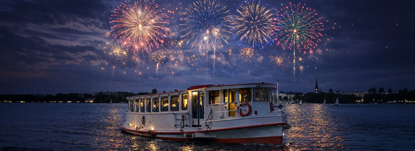 Alster boat during a night-time fireworks cruise.
