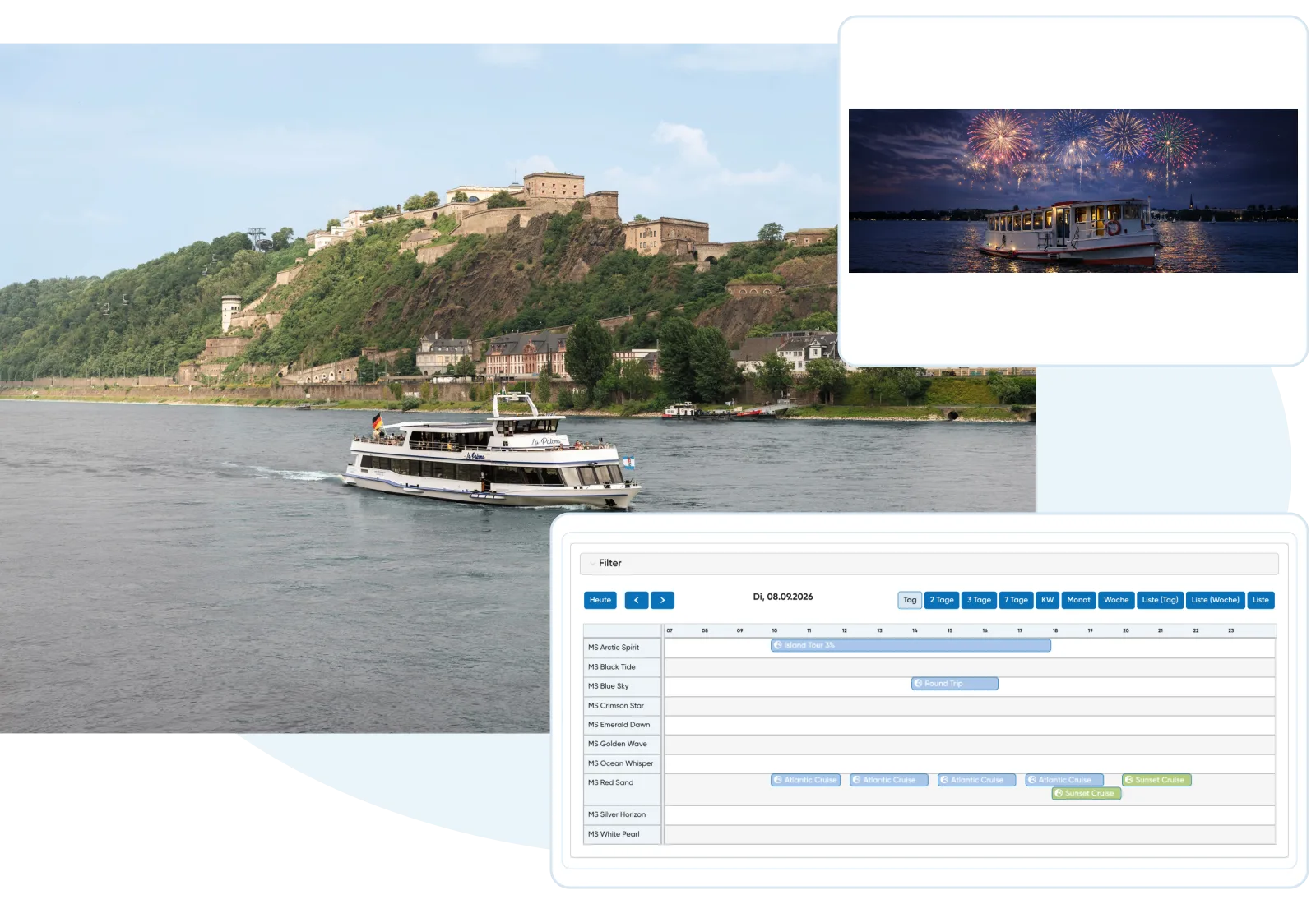 Travelmanager-Produktansicht mit aktuellen Screenshots und vorhandenen Kontextbildern.