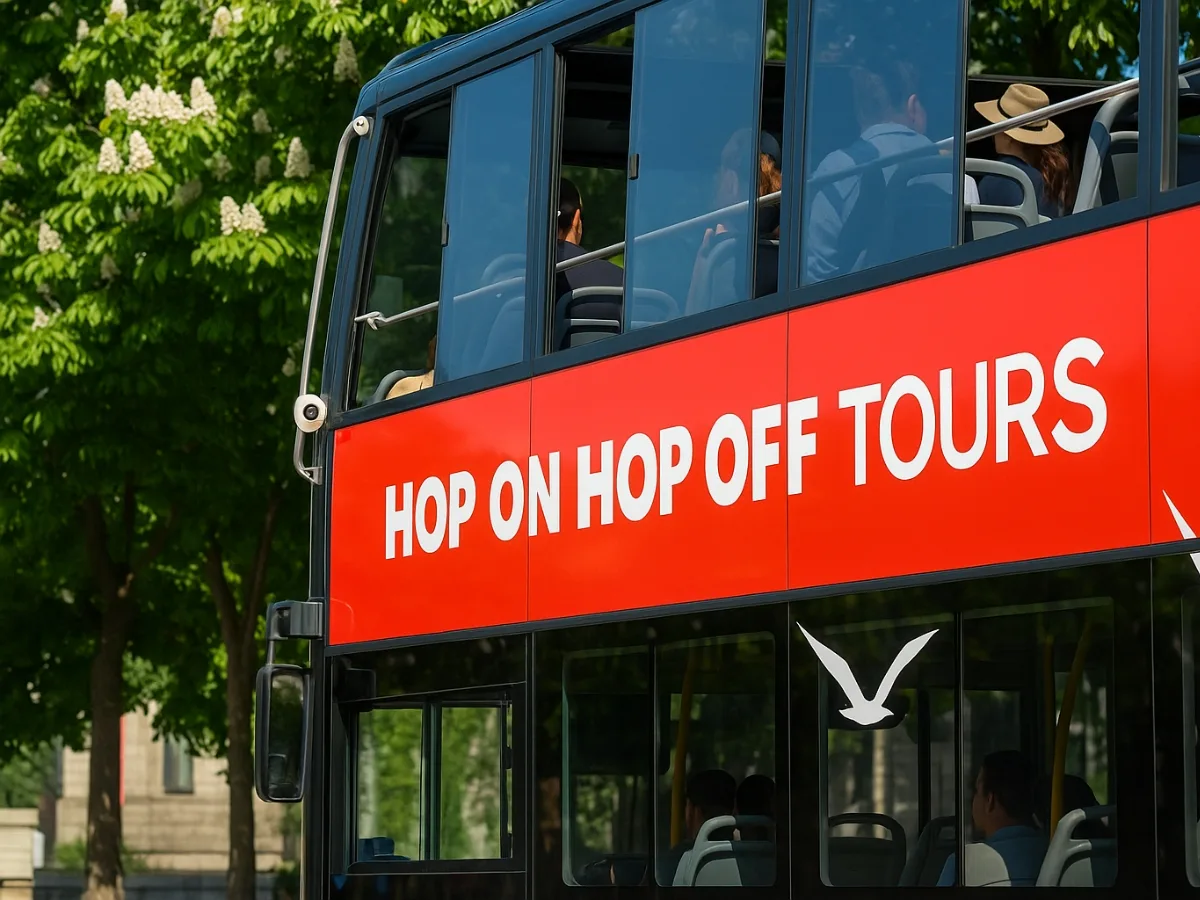 Red hop-on hop-off double-decker bus.