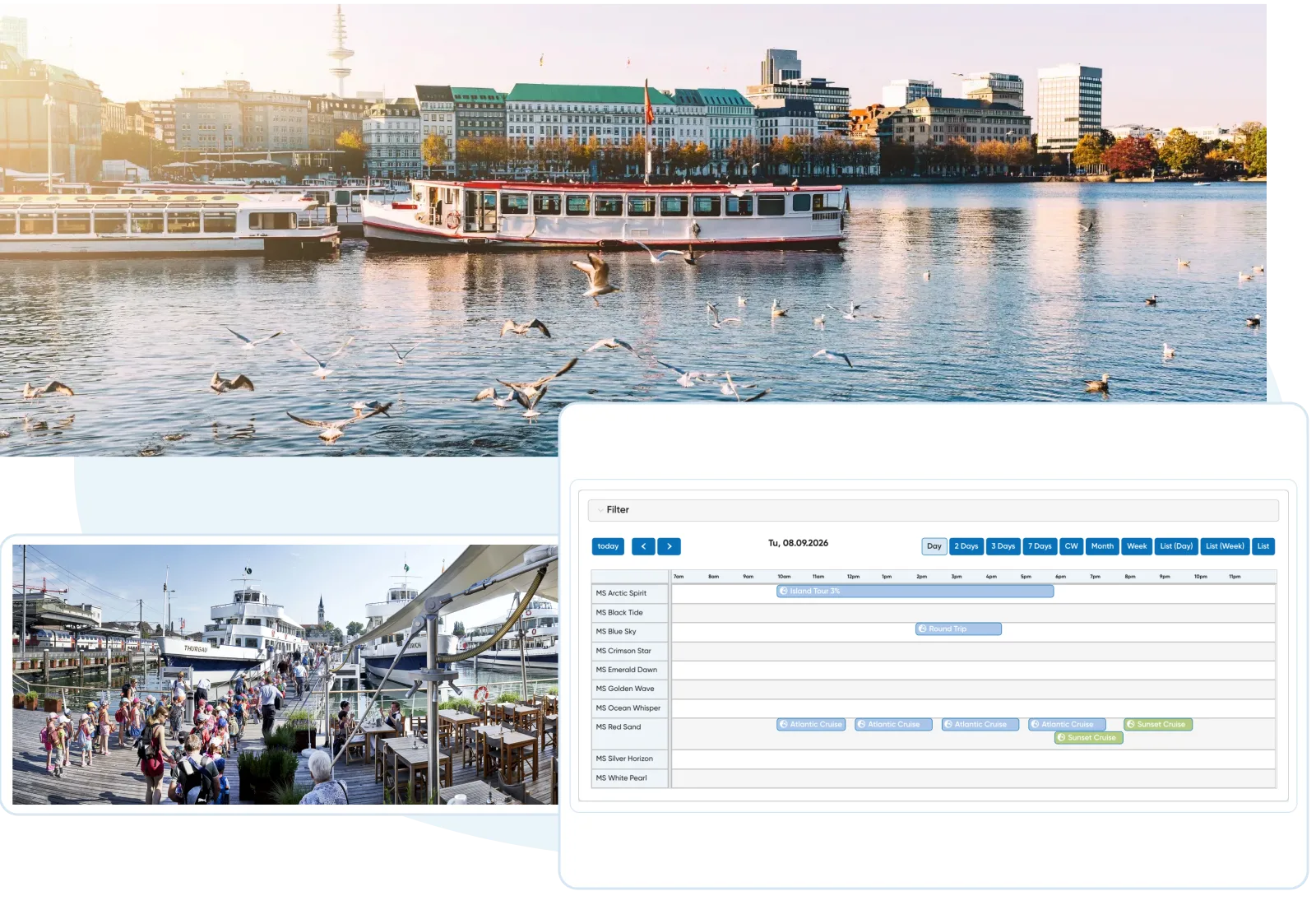 Travelmanager product view with current screenshots and existing contextual imagery.