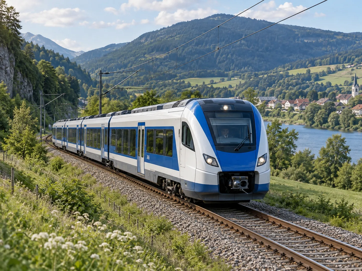 Illustration of a blue and white regional train in a green valley.