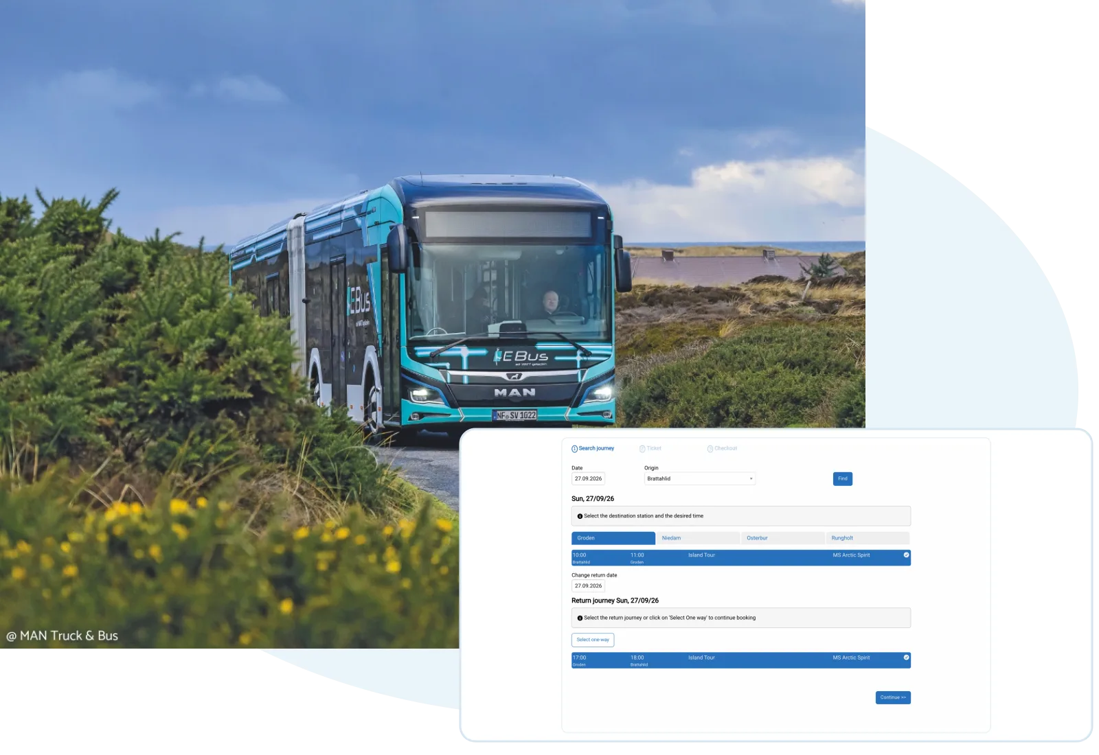 Travelmanager product view with current screenshots and existing contextual imagery.