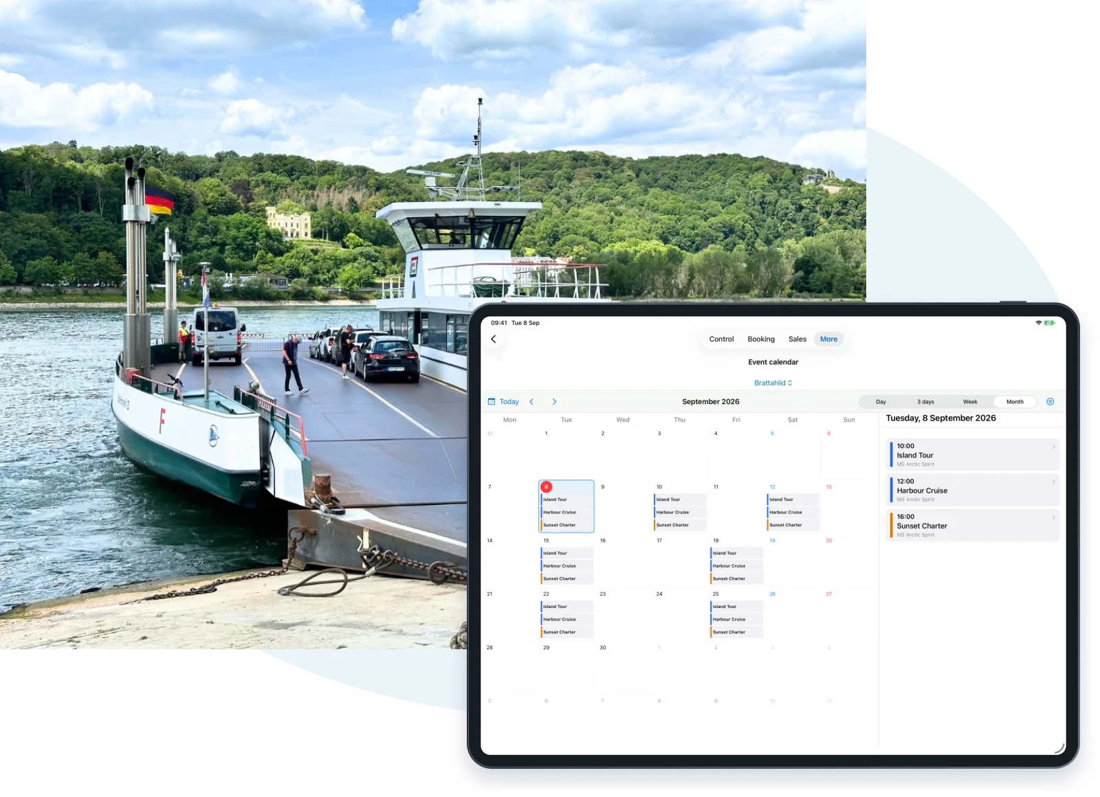 Vehicle ferry with the Travelmanager iPad event calendar in a tablet frame.