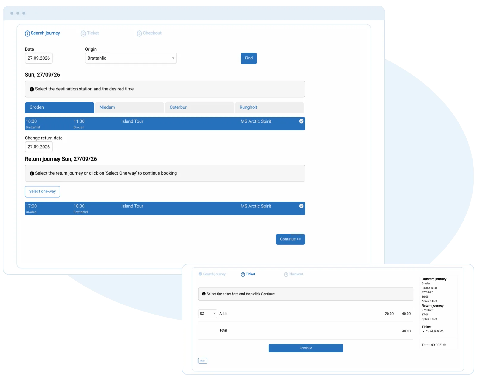 Current Travelmanager online shop with journey and ticket selection.