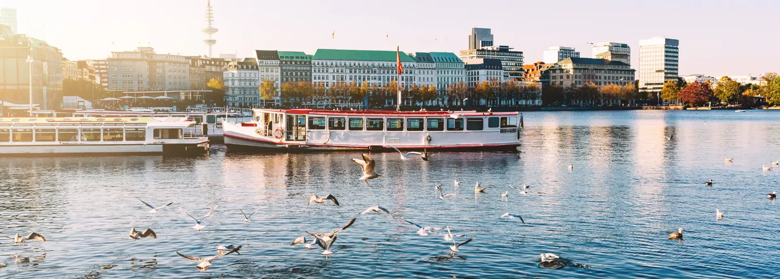 Passenger boats on the Alster in Hamburg.